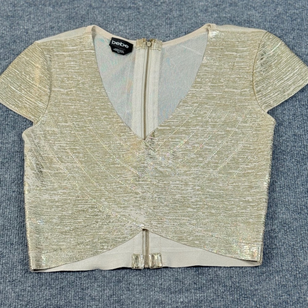 Bebe Large Gold Metallic V Neck Wrapped‎ Crop Top Festive Shiny Glam Nightlife